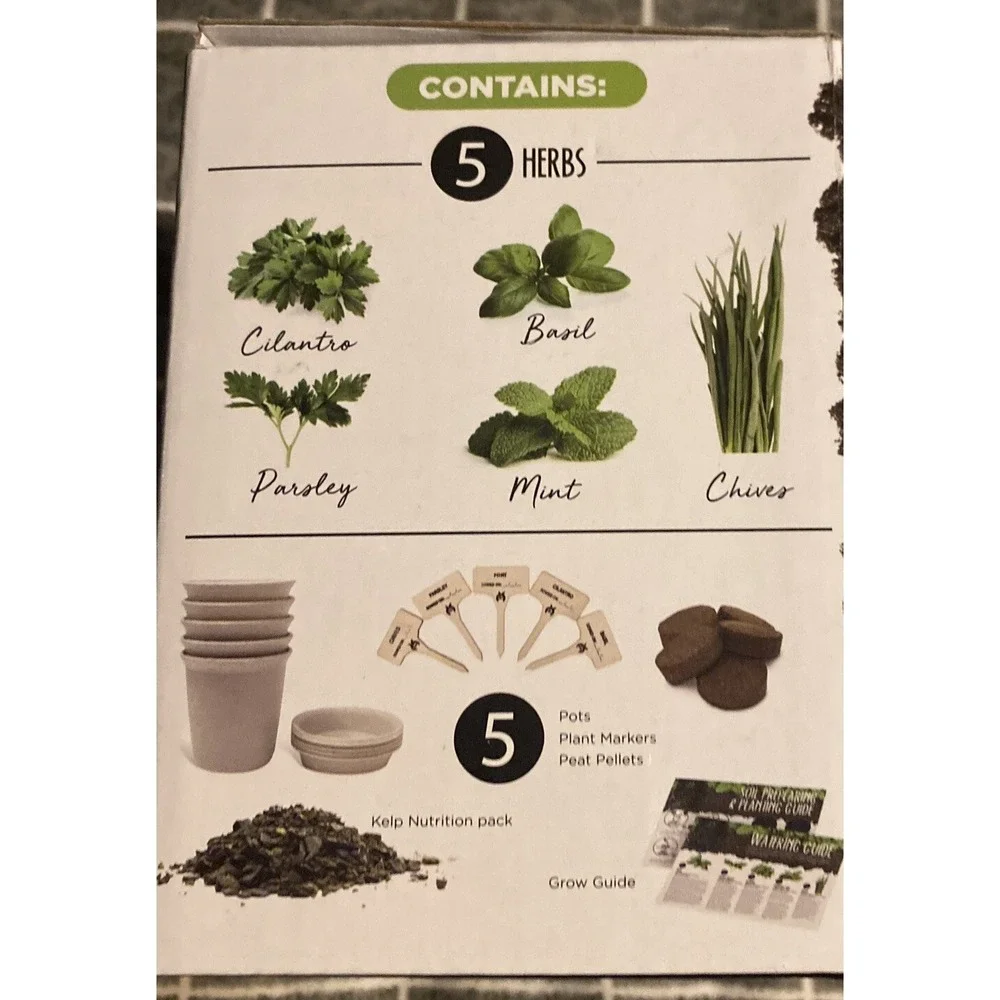 Brand New Indoor Herb Starter Kit Basil Cilantro Chives Mint & Italian Parsley